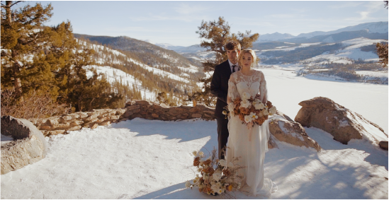 Woman and man posing in the snow